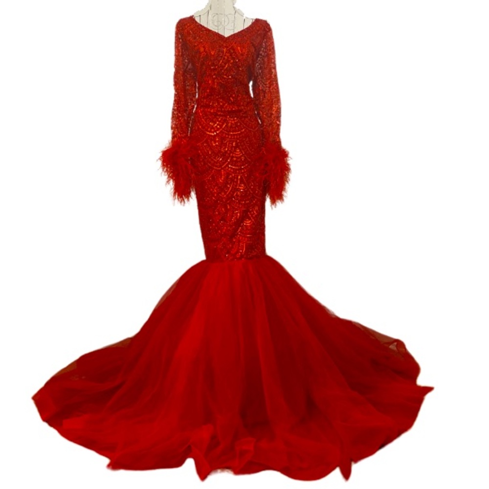 Detailed Red Mermaid Dress with Feather Sleeve